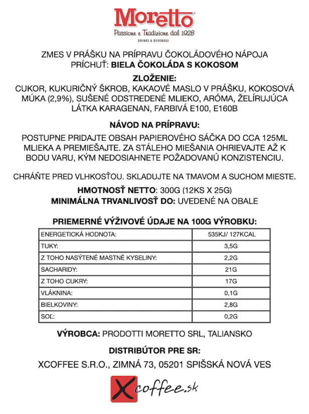 Čokoláda Moretto Biela – Kokos 12x30g